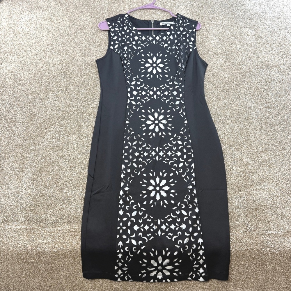 Stiletto's Womens Black White Laser Cut Sheath Dress Large Sleeveless Cocktail